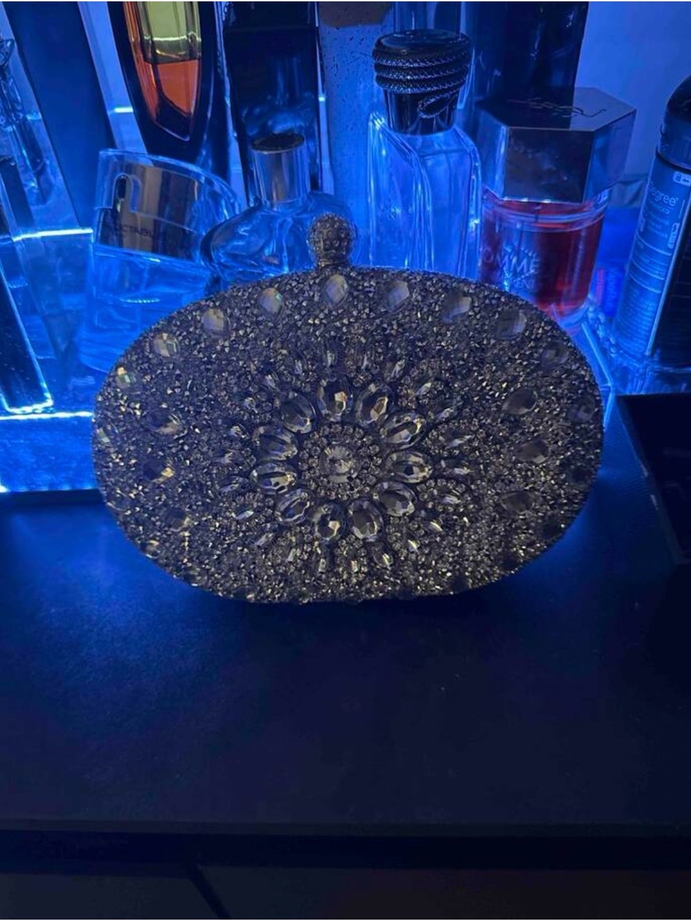 Embellished Crystal Oval Clutch Bag - Silver